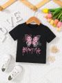 SHEIN Baby Girls' Butterfly & Letter Print Short Sleeve T-shirt