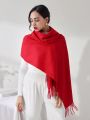 1pc Women's Pure Red Fringed Faux Cashmere Warm And Versatile Plus-size Scarf Shawl Suitable For Daily Use