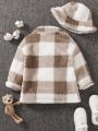 SHEIN Kids EVRYDAY Young Boy Buffalo Plaid Pattern Teddy Coat & Hat Without Sweater
