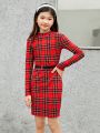 SHEIN Kids KDOMO 3pcs/set Slim Fit Stand Collar Dress For Tween Girls