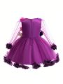 Young Girl Stereo Flower Contrast Mesh Appliques Gown Dress