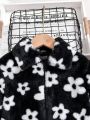 Tween Girl 1pc Floral Pattern Zipper Fuzzy Coat