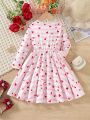SHEIN Kids KDOMO Girls' Long-Sleeved Dress With Japanese And Korean Style Printed Heart Pattern, Suitable For Vacation In Autumn And Winter