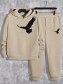 SHEIN Extended Sizes Men's Plus Size Eagle Print Hooded Sweatshirt And Sweatpants Two Piece Set