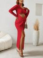 SHEIN Maternity Hollow Out Twist Knot Front High Split Knit Dress