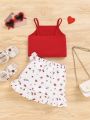 SHEIN Baby Girls' Casual Solid Color Tank Top And Floral Print Skirt With Ruffle Trimmed Hem And Waist Decoration