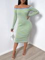 SHEIN SXY Striped Knitted Dress For Women With Hollow Out Detail & Wrap Chest Design, Mid-length
