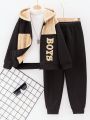 SHEIN Boys' Casual Home Warm Fleece Patchwork Hoodie With Letter Print And Sports Pants Two Piece Set