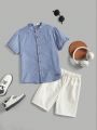 SHEIN Kids Academe Boys' Casual Comfortable Button Down Shirt And Elastic Waist Shorts Set, Summer