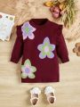 SHEIN Baby Girl Casual Loose Ruffled Long Sleeve Round Neck Pullover Sweater Dress