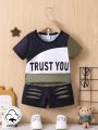 Letter Patchwork Green T-Shirt And Ripped Shorts Street Style Fashion Baby Boy Outfits