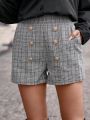 SHEIN Clasi Plaid Print Double Breasted Shorts