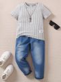 SHEIN Toddler Boys' Patch Detail T-shirt And Long Pants