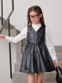 SHEIN Kids EVRYDAY Tween Girl Button Front PU Leather Smock Dress Without Blouse