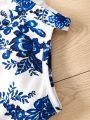SHEIN Kids EVRYDAY Young Girl Blue & White Floral Print Style Halter Neck Vacation Dress For Summer