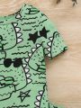 SHEIN Baby Boy Snug Fit Funny Crocodile Pattern Round Neck Short Sleeve T-Shirt And Casual Shorts 2pcs/Set