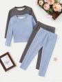 SHEIN Toddler Girls' Solid Color Fitted Round Neck Casual Top And Leggings Set, 2pcs, For Home Wear