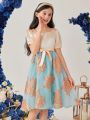 SHEIN Kids Nujoom Tween Girls Color Block Jacquard Patchwork Dress