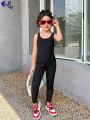SHEIN Kids Y2Kool Young Girls' Sleek And Cool Knit Solid Color Jumpsuit With Sports Vest Design, Spring/Summer