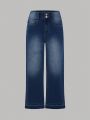 Tween Girls' Y2k Vintage Deep Blue Washed Elastic Slim Fit High Waist Flared Jeans