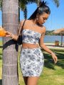 SHEIN WYWH Women's Floral Printed Tube Top & Skirt Set For Vacation