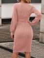 Solid Color Belted Sweater Dress