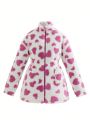 Teen Girl 1pc Heart Print Drop Shoulder Drawstring Waist Teddy Lined Reversible Coat