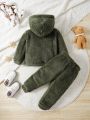 Baby Boys' Velvet Hoodie And Pants Set With Letter Embroidery For Autumn