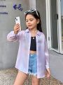 SHEIN Kids Y2Kool Young Girls' Sporty And Sweet Sheer Long Sleeve Shirt With Solid Color For Spring And Summer