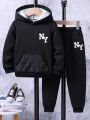 SHEIN Young Boy 2pcs/Set Hooded Long Sleeve Fleece Casual Sports Hoodie And Pants, Suitable For Autumn & Winter