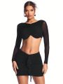 SHEIN BAE Women'S Black Valentine'S Day Outfit, Mesh Pleated Ruffle Hem Midi Skirt And Short Sleeve Crop Top With Backless Design
