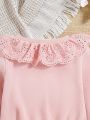 SHEIN Baby Girls' Casual Pink Lace Trimmed Doll Collar Long Sleeve Sweatshirt