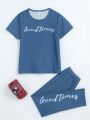 2pcs Tween Boys' English Letter Short Sleeve T-shirt And Pants Homewear Set