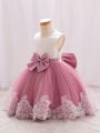 Wedding Diary Young Girls' Sleeveless Lace & Mesh Patchwork Dress With Big Bowknot For Wedding, Flower Girl, Festival Party