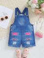 SHEIN Kids Cooltwn Toddler Girls' Denim Print Casual Cute Suspenders Romper For Summer