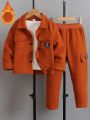 SHEIN Kids EVRYDAY Young Boy Letter Patched Flap Pocket Jacket & Pants Without Tee
