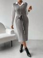 SHEIN Privé Women's Gray Belted Sweater Dress, Slim Fit And Loose Style