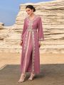 SHEIN Najma Dark Pink V-Neck Long Sleeve Patchwork Dress