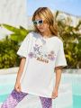 Teen Girls' Pattern Printed Drop Shoulder Short Sleeve T-shirt