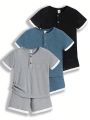 SHEIN Kids EVRYDAY 6pcs/Set Boys' Casual Knitted Short Sleeve T-Shirt And Shorts With Contrast Trim, Summer