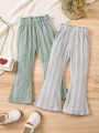 SHEIN Kids EVRYDAY Little Girls' 2-pack Casual Solid Color Elastic Waist Flared Pants For Spring & Autumn