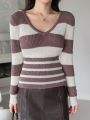 DAZY Women's V-neck Striped Colorblock Sweater