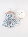 Baby Floral Big Bow Back Smock Dress With Hat