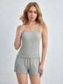 SHEIN Leisure Women's Lettuce Trim Ribbed Knit Camisole Top And Shorts Lounge Set