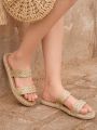 Styleloop Women'S Fashionable & Versatile Woven Flat Sandals For Vacation,Faux Linen Khaki Simple Open Toe Spring And Summer Flat Sandals
