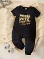 Baby Boys' Casual And Versatile New Year Slogan Printed Short Sleeve Jumpsuit