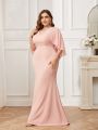 SHEIN Belle Plus Size Women'S Bridesmaid Dress With Cape Sleeves, Embroidered Floral Decoration, V-Neckline, Fish Tail Design And Chiffon Material