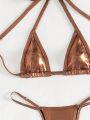SHEIN Swim BAE Ladies' Metallic Texture Halter Neck Swimsuit With Straps