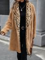 SHEIN LUNE Leopard Pattern Waterfall Collar Drop Shoulder Double Breasted Teddy Coat