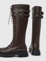 Cuccoo Everyday Collection Double Buckle Decor Lace-up Front Combat Boots